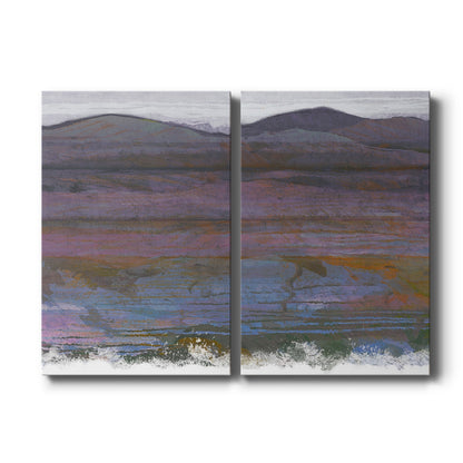Set of two vertical canvas prints featuring abstract mountain landscape artwork, displayed side by side.