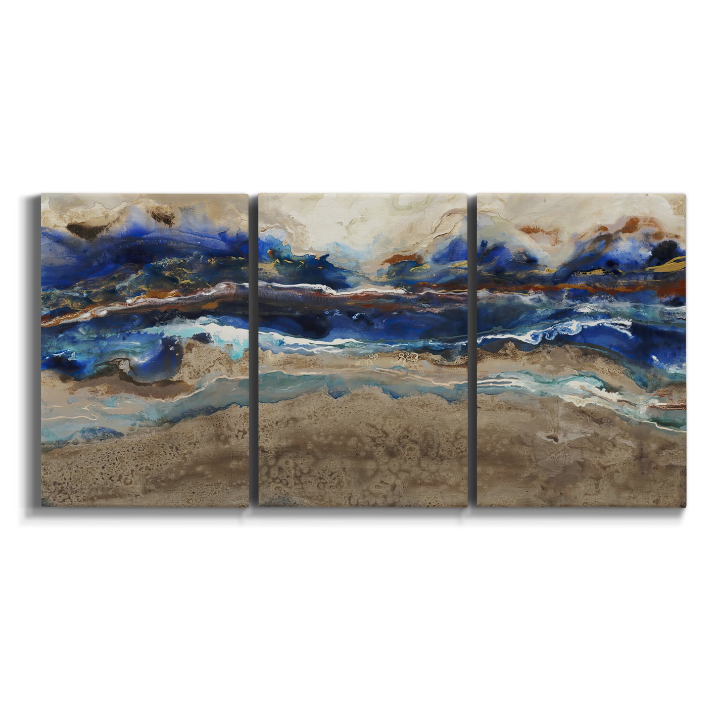 Three-panel canvas wall art featuring abstract coastal jewel toned composition on white background.