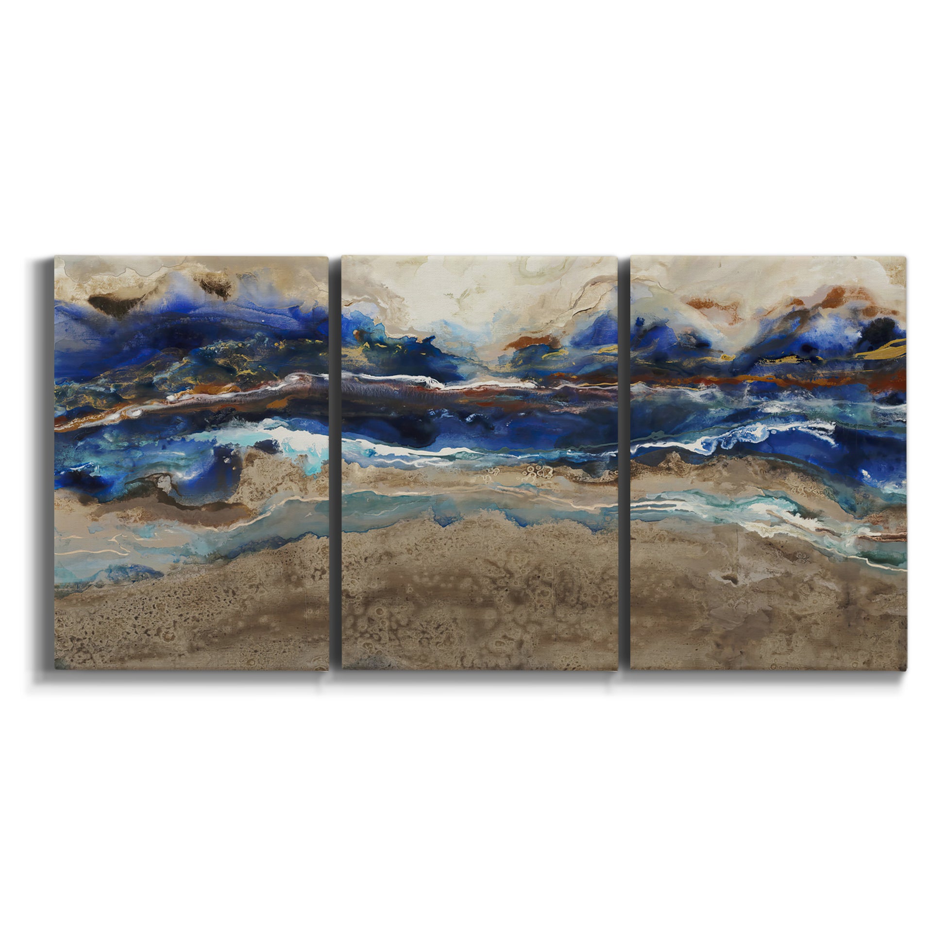 Three-panel canvas wall art featuring abstract coastal jewel toned composition on white background.