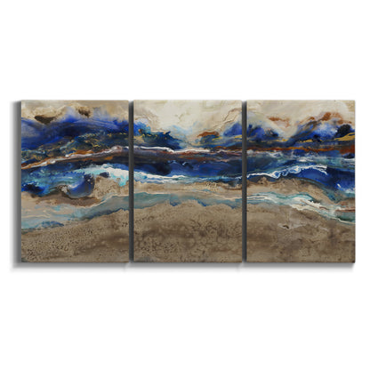 Three-panel canvas wall art featuring abstract coastal jewel toned composition on white background.