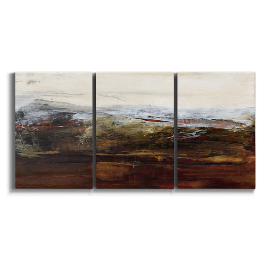 Three-panel canvas wall art featuring rustic abstract landscape exploration on white background.