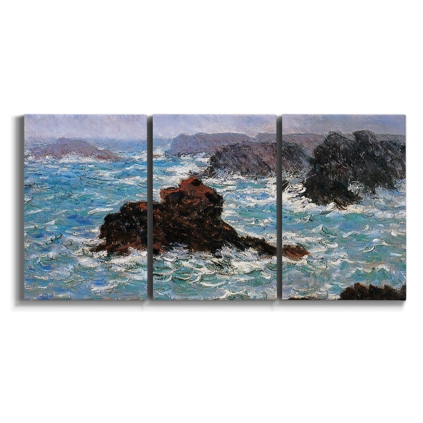 Three-panel canvas wall art featuring storm waves battering rocky coast on white background.