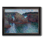 Impressionist rocky seascape by Claude Monet printed on canvas in an ornate black frame with gilded inner detail.