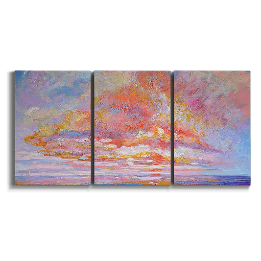 Three-panel canvas wall art featuring peaceful tropical inspired landscape on white background.