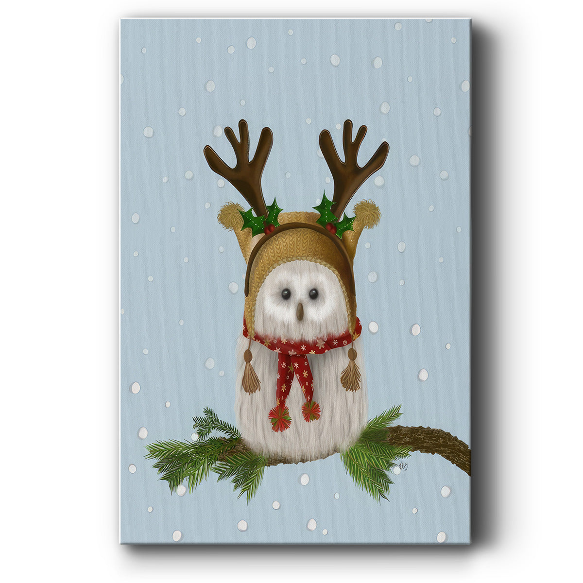 Christmas Fluffy Owl and Antlers - Gallery Wrapped Canvas