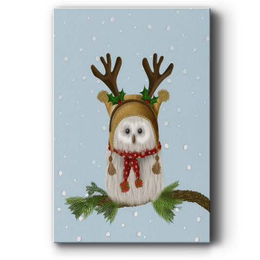 Christmas Fluffy Owl and Antlers - Canvas Art Print