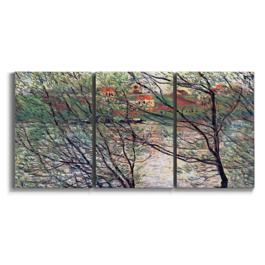 Three-panel canvas wall art featuring riverside park with figures and trees on white background.