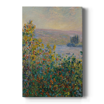Canvas art print featuring an impressionist garden scene with colorful flower beds and lush greenery on a clean white background.