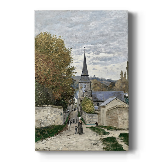 Canvas art print featuring an impressionist street scene with houses and figures under soft daylight on a clean white background.