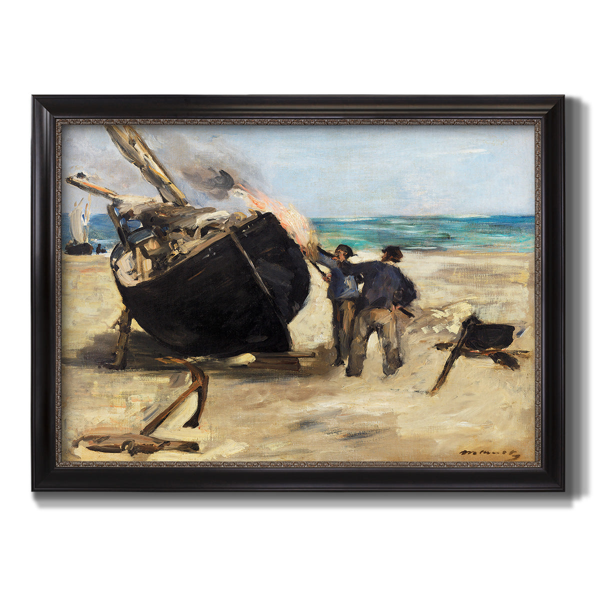 Impressionist nautical work scene by Édouard Manet printed on canvas in an ornate black frame with gilded inner detail.