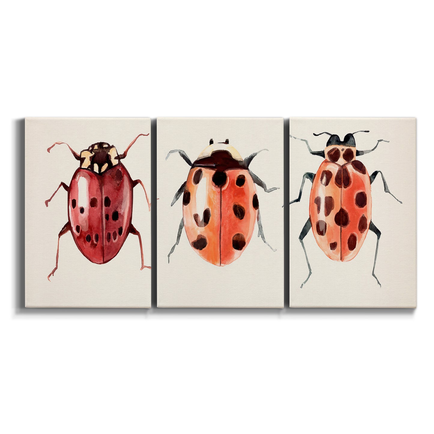 Three-panel canvas wall art featuring ladybugs on green foliage on white background.