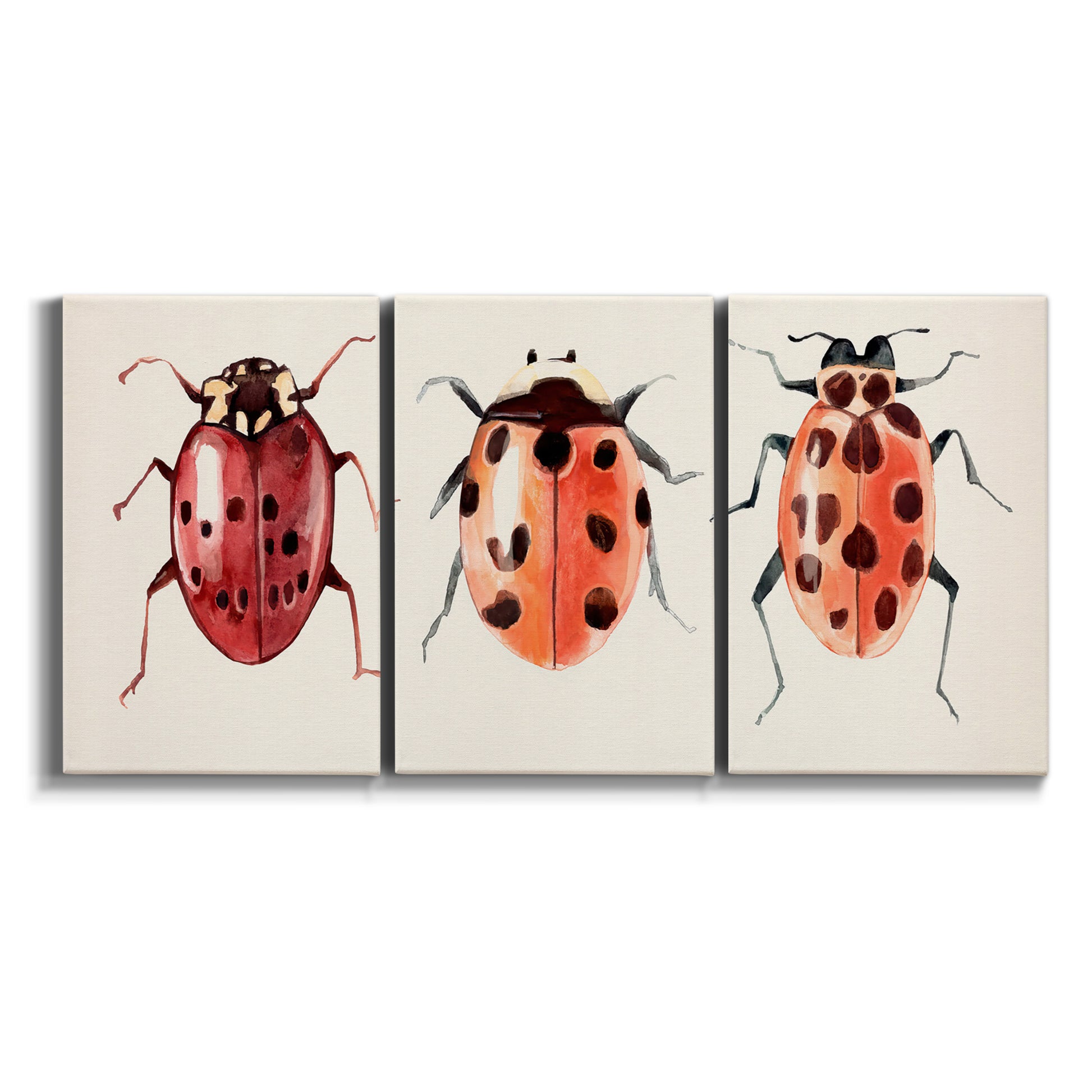 Three-panel canvas wall art featuring ladybugs on green foliage on white background.