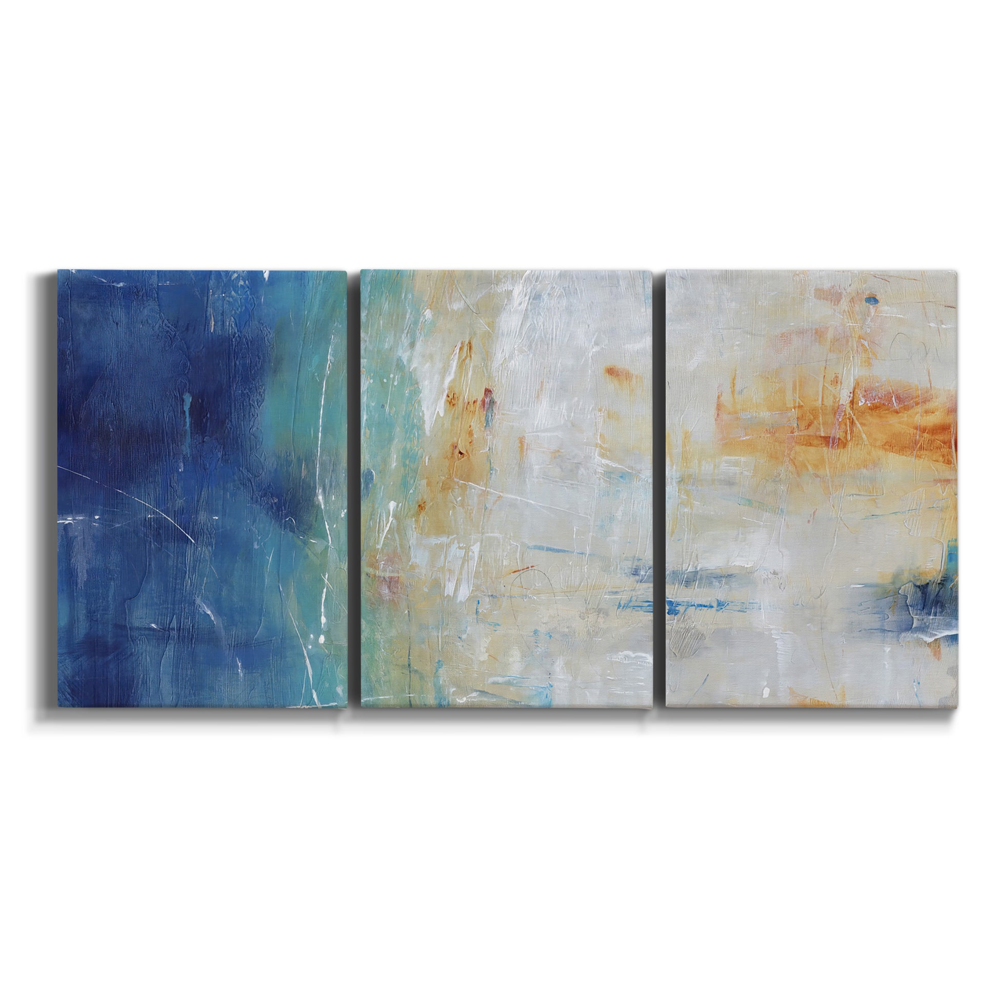 Three-panel canvas wall art featuring deep blue abstract grotto tones on white background.