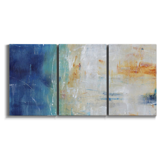 Three-panel canvas wall art featuring deep blue abstract grotto tones on white background.