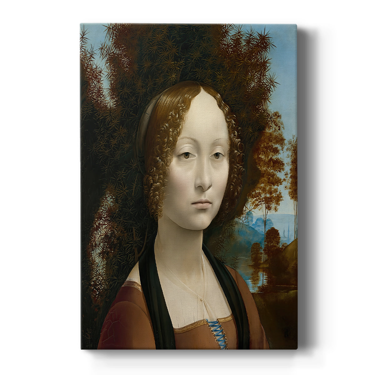 Canvas art print featuring a Renaissance portrait of a young woman with soft features and dark background on a clean white background.