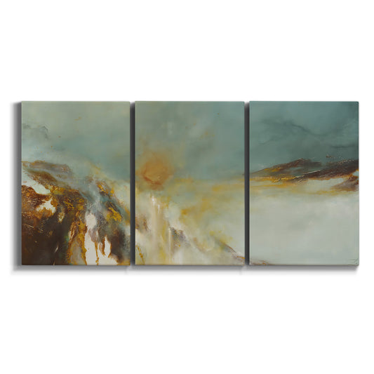 Three-panel canvas wall art featuring earth toned abstract solar landscape on white background.