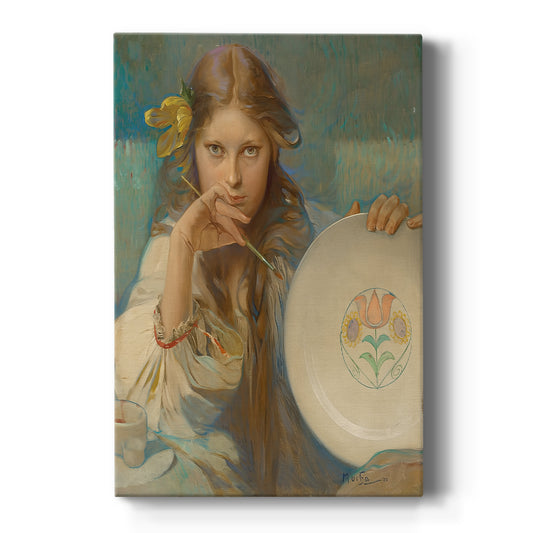 Canvas art print featuring an Art Nouveau portrait of a girl holding a decorative plate with folk patterns on a clean white background.