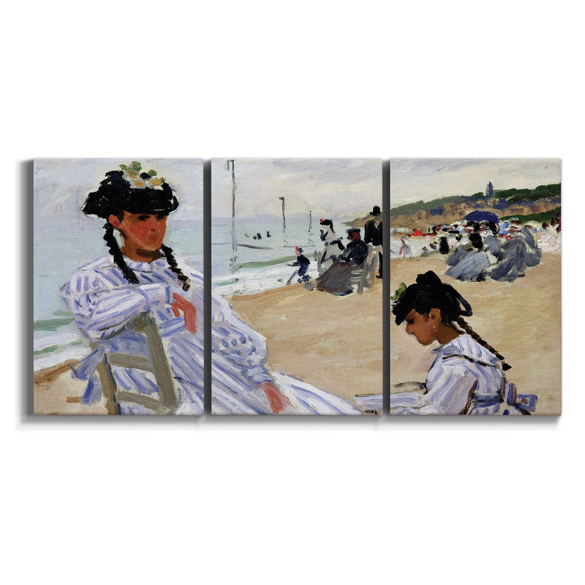 Three-panel canvas wall art featuring figures walking along sandy beach on white background.