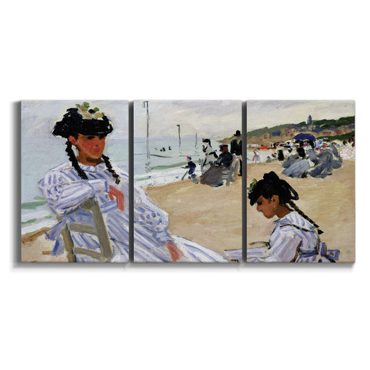 Three-panel canvas wall art featuring figures walking along sandy beach on white background.