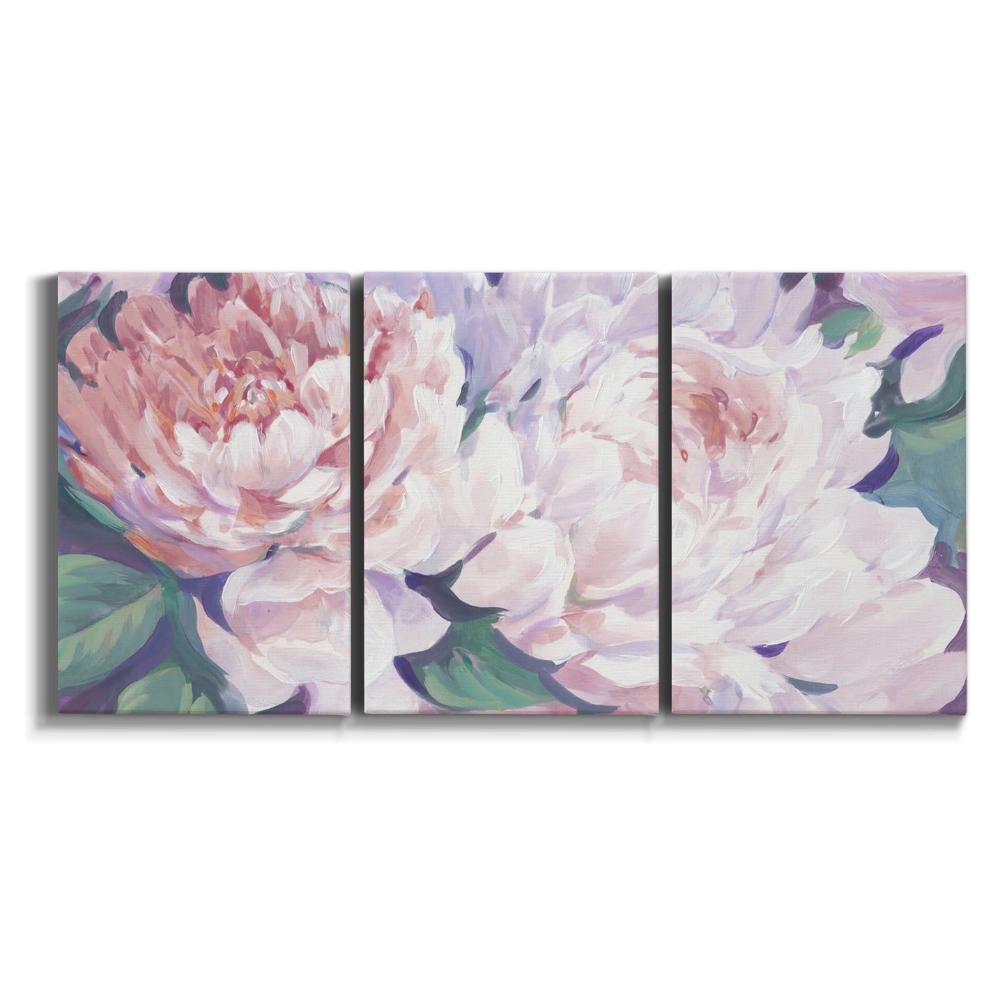 Three-panel canvas wall art featuring soft pink peonies in bloom on white background.