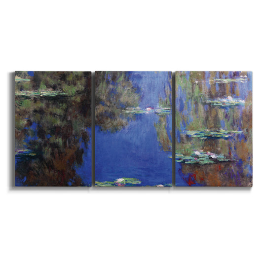 Three-panel canvas wall art featuring water lilies in blue green tones on white background.