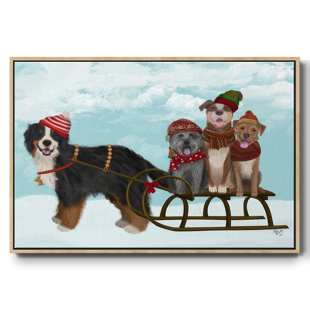 Christmas Mutt Sled - Floater Framed Canvas Print