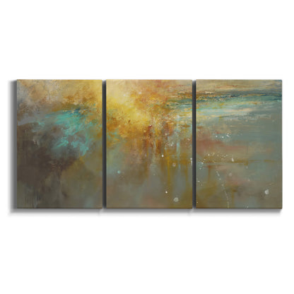 Three-panel canvas wall art featuring muted abstract river inspired tones on white background.