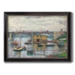 Impressionist river bridge scene on an overcast day by Claude Monet printed on canvas in an ornate black frame with gilded inner detail.
