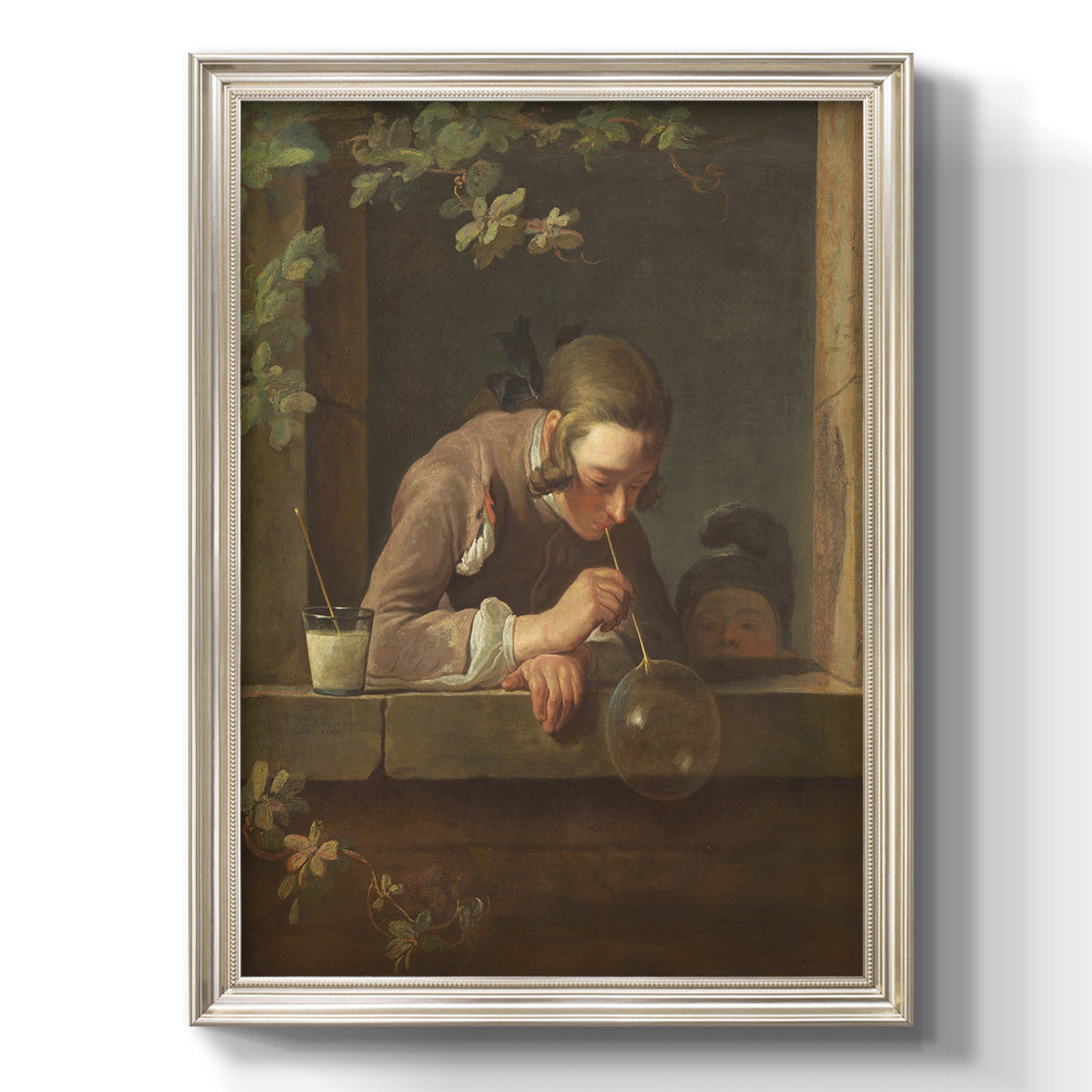 Classical genre painting of a child blowing soap bubbles by Jean-Siméon Chardin printed on canvas in an ornate champagne frame with a vertical orientation.