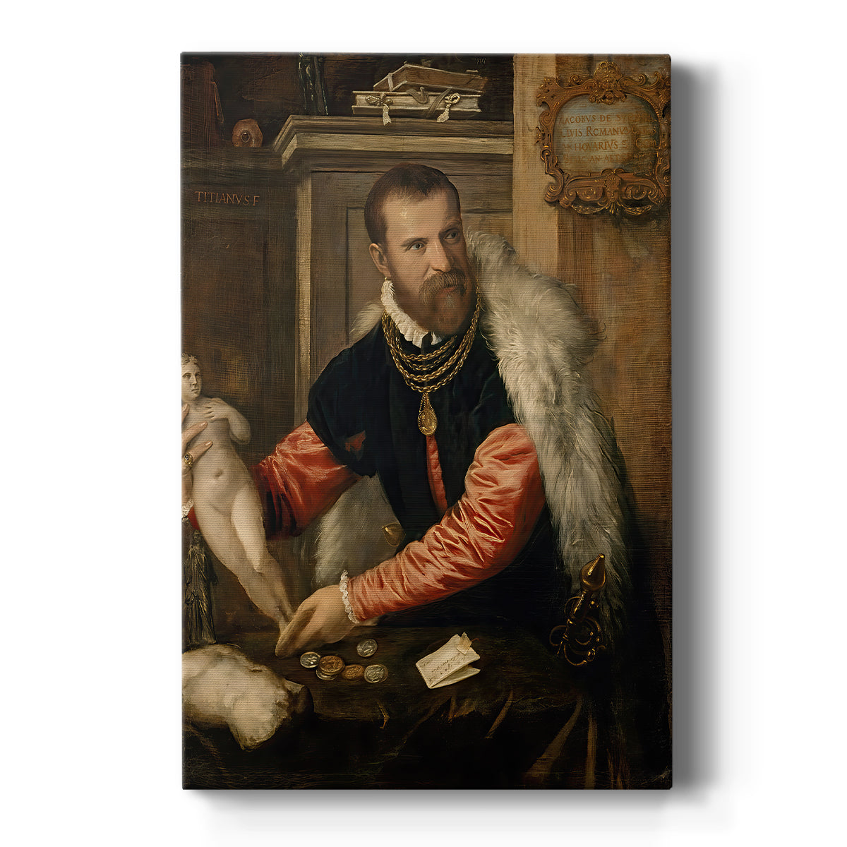 Canvas art print featuring a Renaissance portrait of a man surrounded by objects in a richly detailed interior on a clean white background.