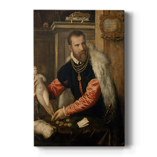 Canvas art print featuring a Renaissance portrait of a man surrounded by objects in a richly detailed interior on a clean white background.