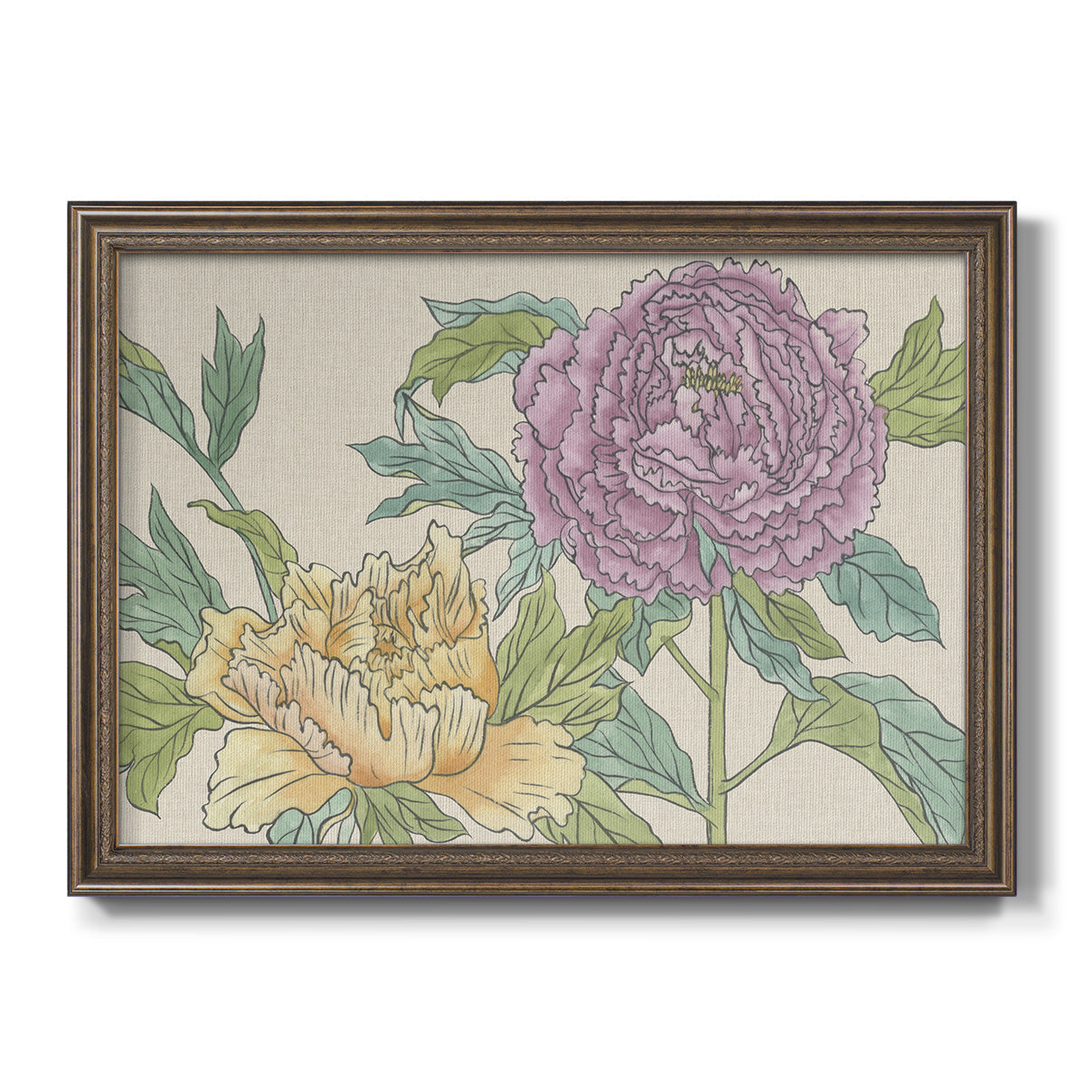 Contemporary peony flower illustration printed on canvas in an ornate traditional bronze frame.