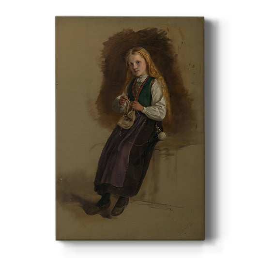 Canvas art print featuring a realistic portrait of a Norwegian woman in traditional dress, soft earthy tones on a clean white background.