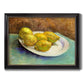 Impressionist still life with lemons by Vincent van Gogh printed on canvas in an ornate black frame with gilded inner detail.