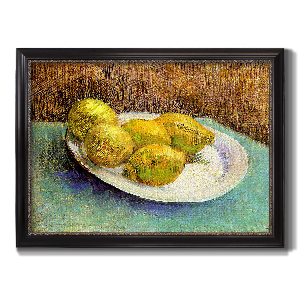 Impressionist still life with lemons by Vincent van Gogh printed on canvas in an ornate black frame with gilded inner detail.