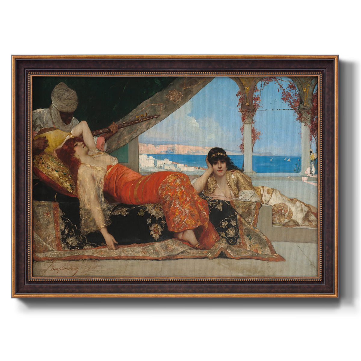 Orientalist portrait scene by Jean-Joseph Benjamin-Constant printed on canvas in an ornate bronzed mahogany wood frame.
