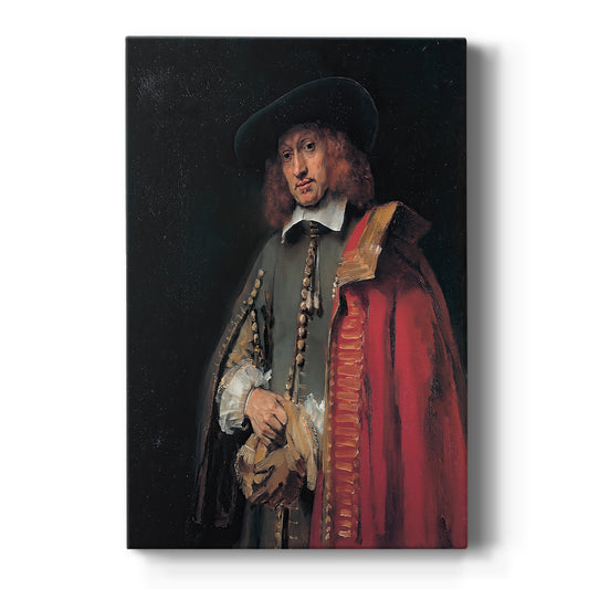 Canvas art print featuring a Baroque portrait of a standing man in dark attire with rich tones on a clean white background.
