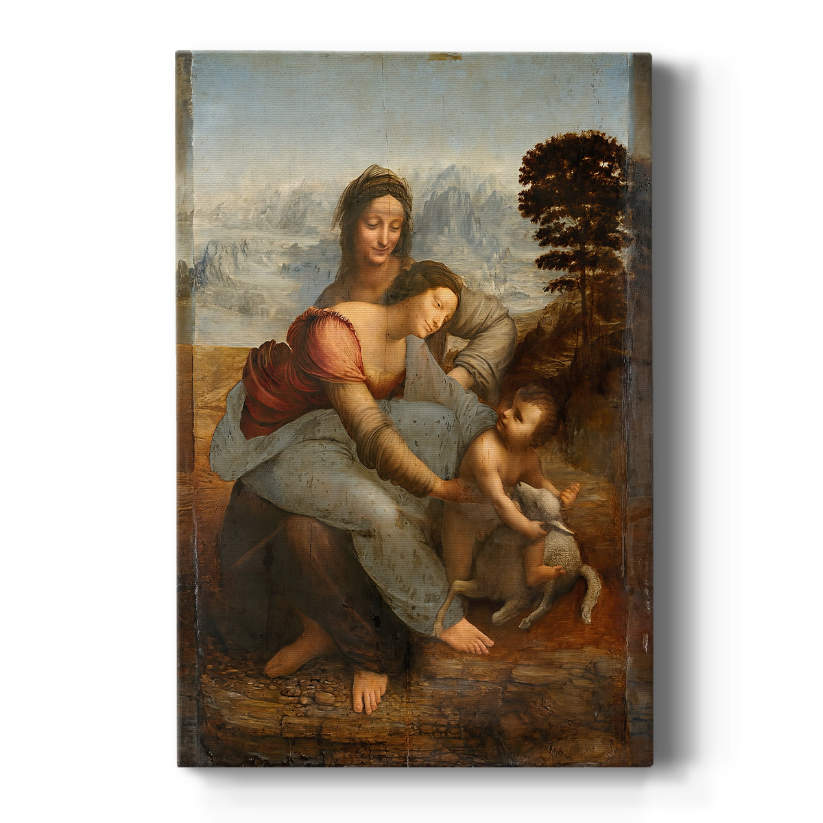 Canvas art print featuring a Renaissance scene of three figures arranged in a soft pyramidal composition on a clean white background.