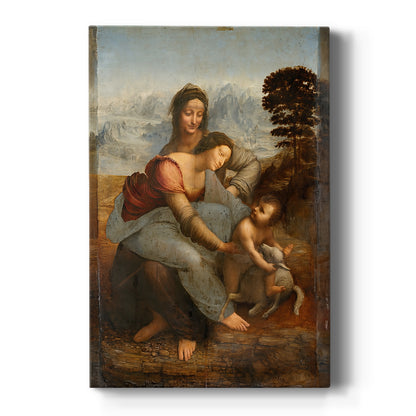Canvas art print featuring a Renaissance scene of three figures arranged in a soft pyramidal composition on a clean white background.