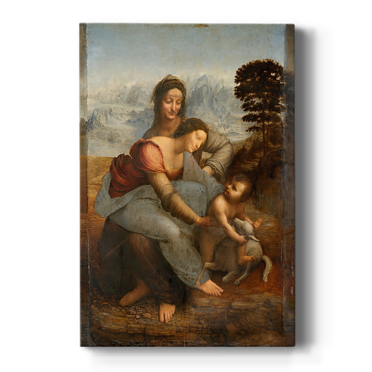 Canvas art print featuring a Renaissance scene of three figures arranged in a soft pyramidal composition on a clean white background.