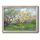 Impressionist spring orchard landscape by Vincent van Gogh printed on canvas in an ornate champagne frame.