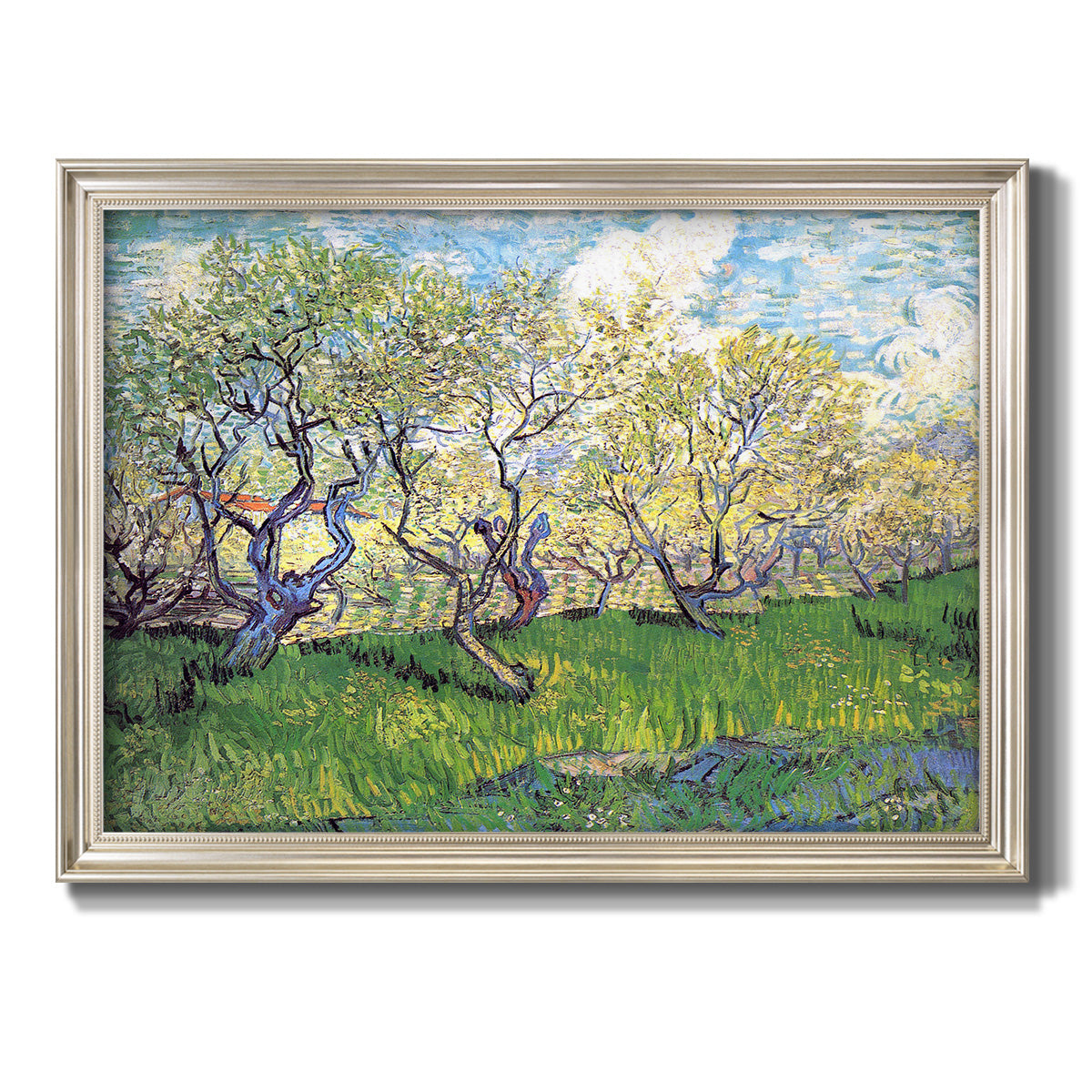 Impressionist spring orchard landscape by Vincent van Gogh printed on canvas in an ornate champagne frame.