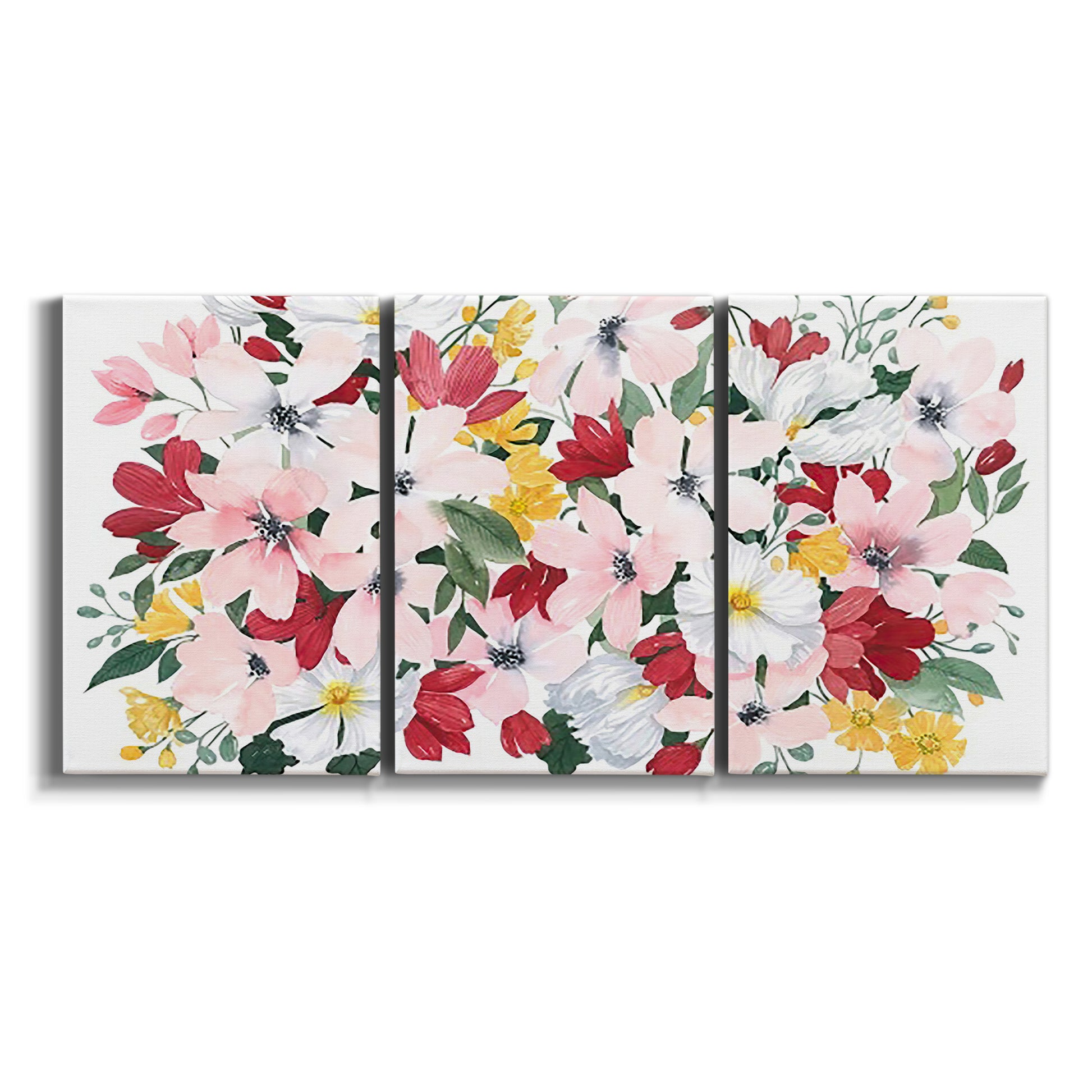 Three-panel canvas wall art featuring joyful spring floral composition on white background.