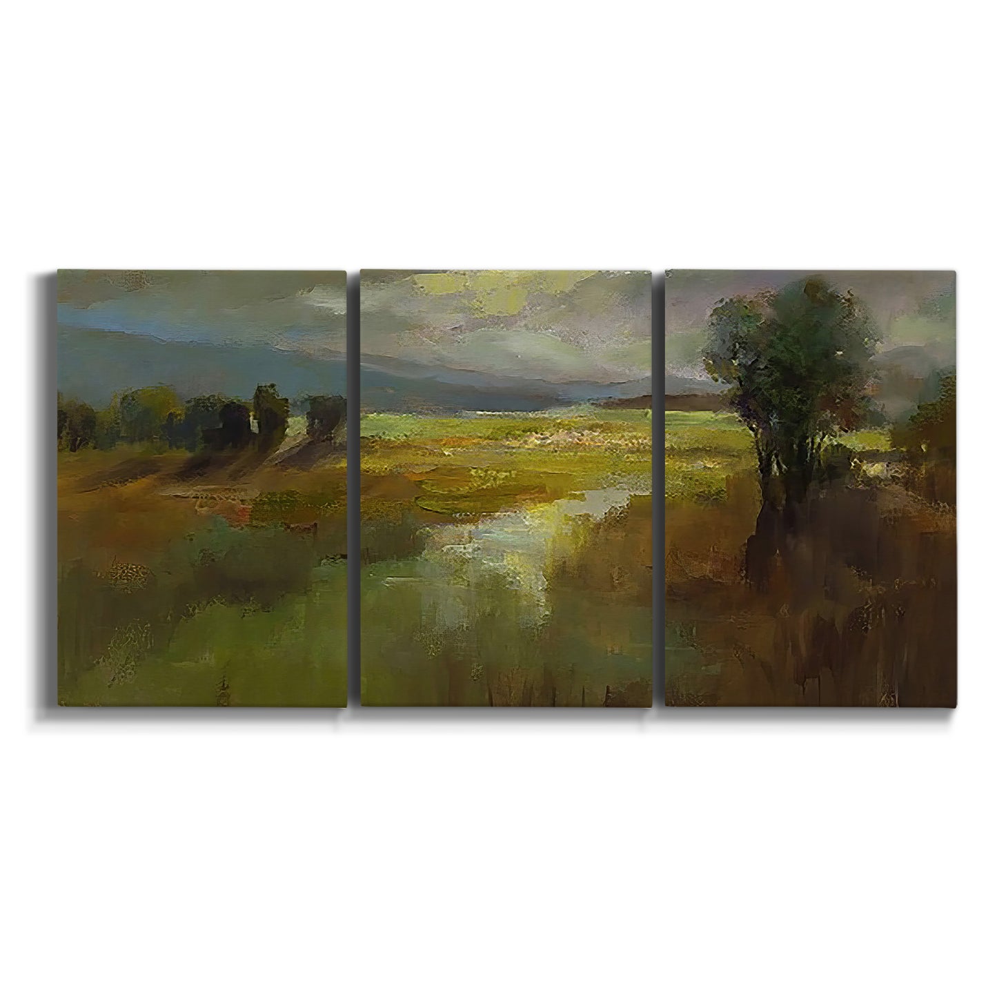 Three-panel canvas wall art featuring winding rural road through countryside on white background.