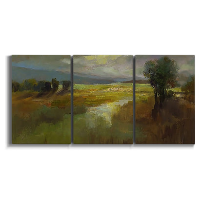 Three-panel canvas wall art featuring winding rural road through countryside on white background.