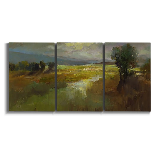 Three-panel canvas wall art featuring winding rural road through countryside on white background.