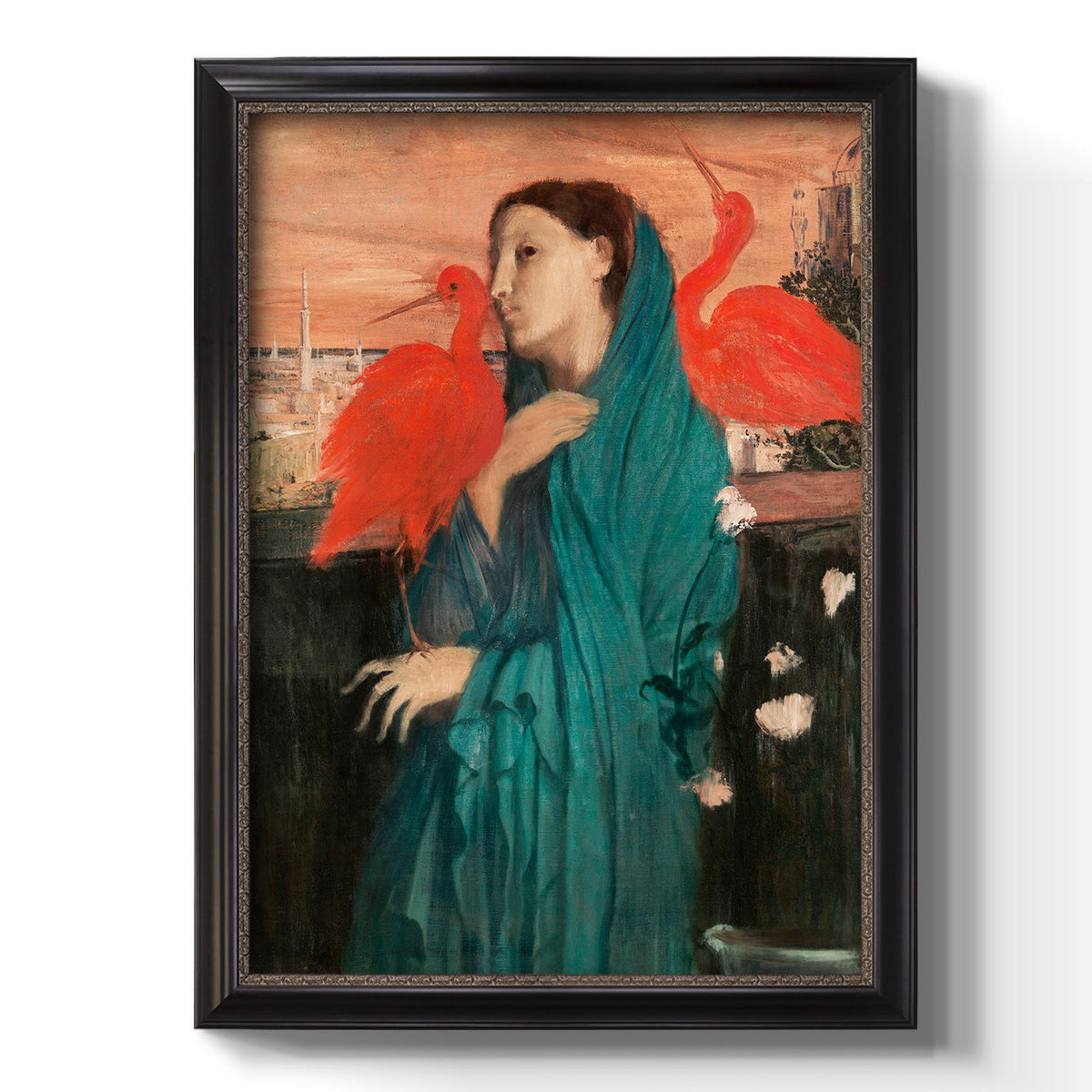 Impressionist portrait of a young woman with an ibis by Edgar Degas printed on canvas in an ornate bronzed mahogany wood frame with a vertical orientation.