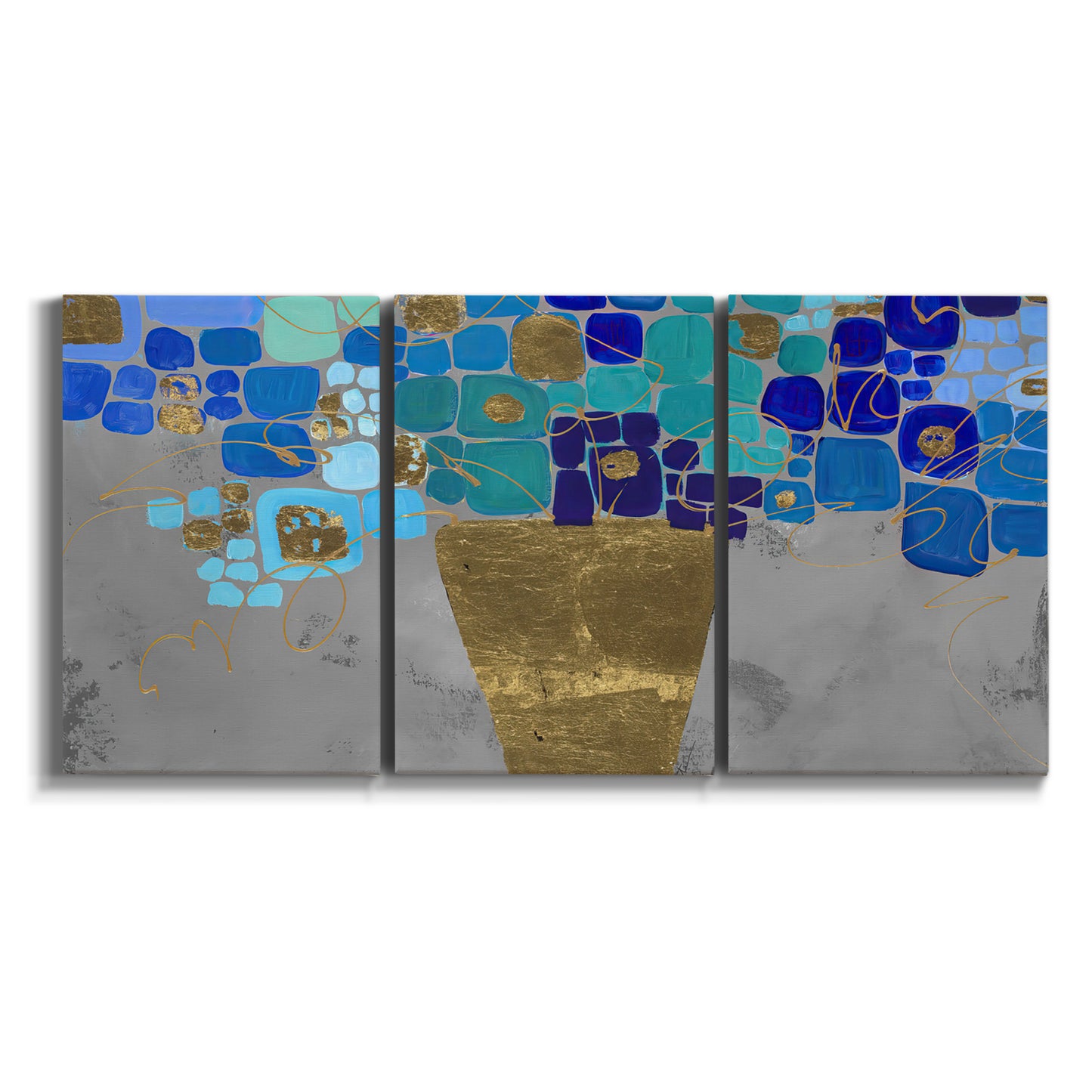 Three-panel canvas wall art featuring blue floral abstract botanical expression on white background.