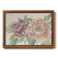 Modern peony floral drawing printed on canvas in an ornate vintage burl wood frame.