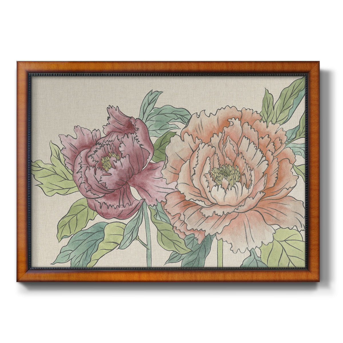 Modern peony floral drawing printed on canvas in an ornate vintage burl wood frame.